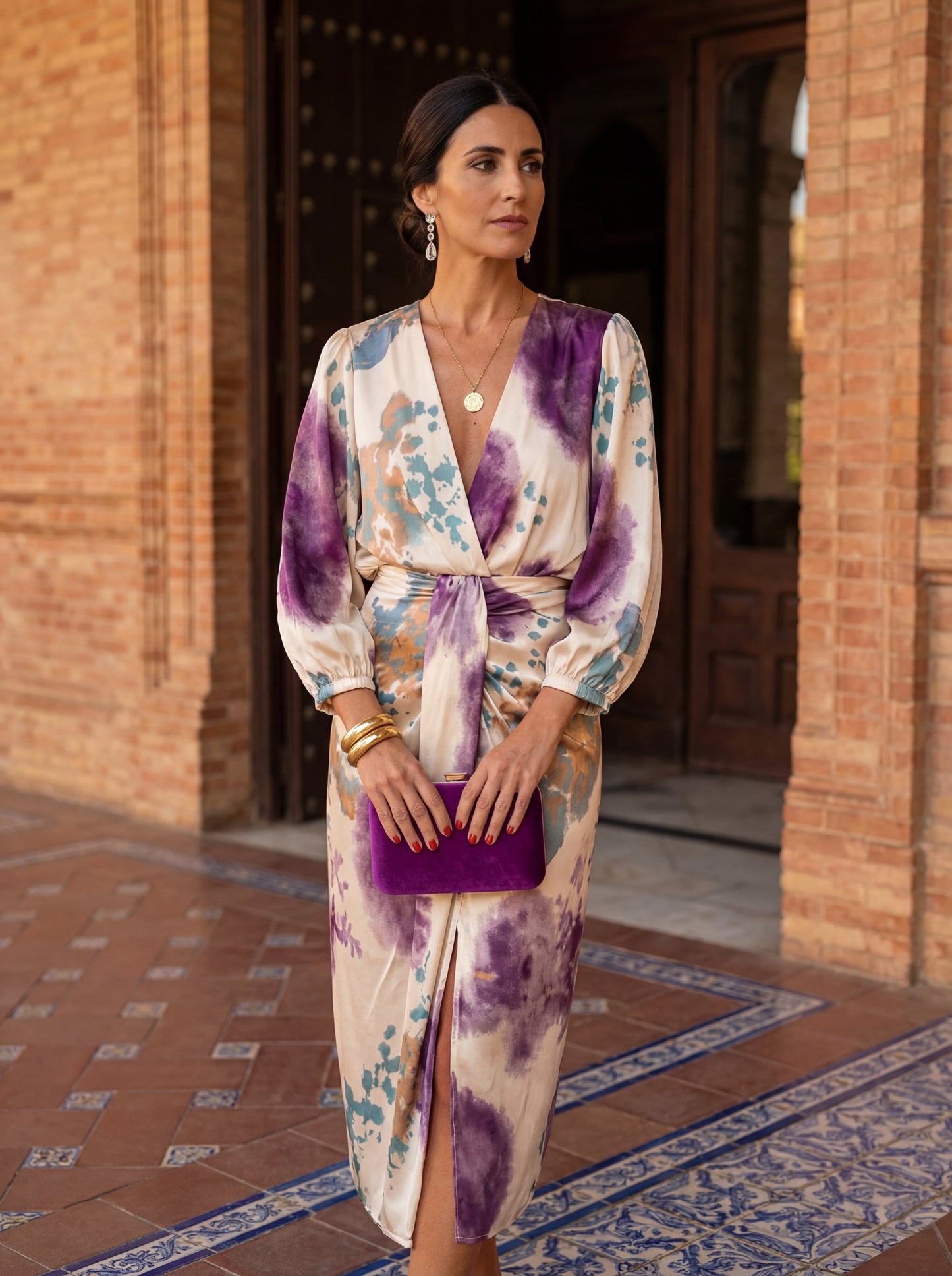 Vestido midi mujer fluido con cinturón escote en V - Mavetta