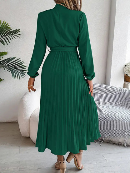 Vestido midi mujer plisado con mangas largas y cinturón