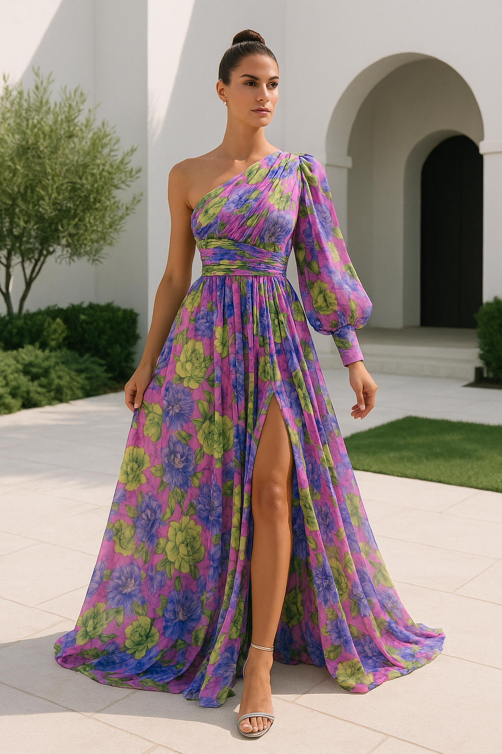 Vestido maxi mujer de verano con hombro descubierto y estampado - Mavetta