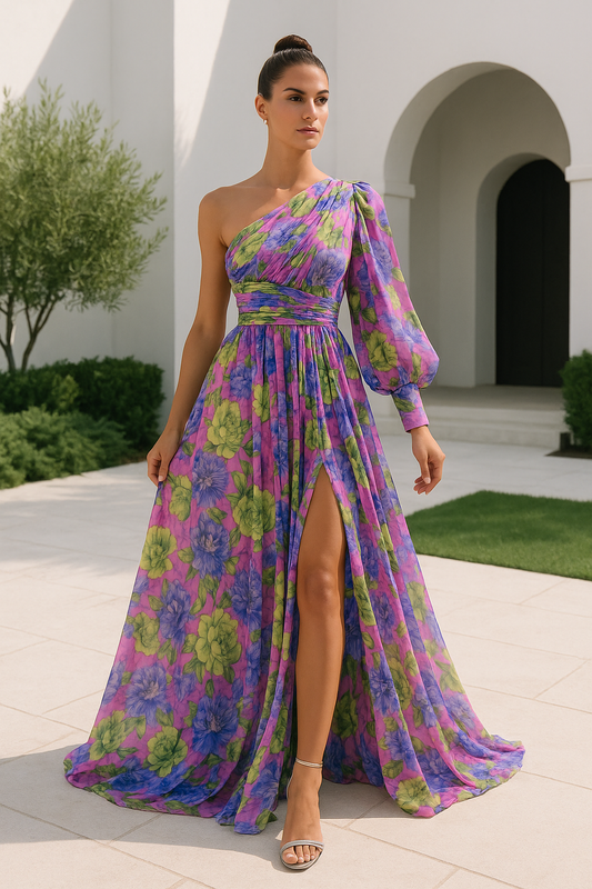 Vestido maxi mujer de verano con hombro descubierto y estampado - Mavetta