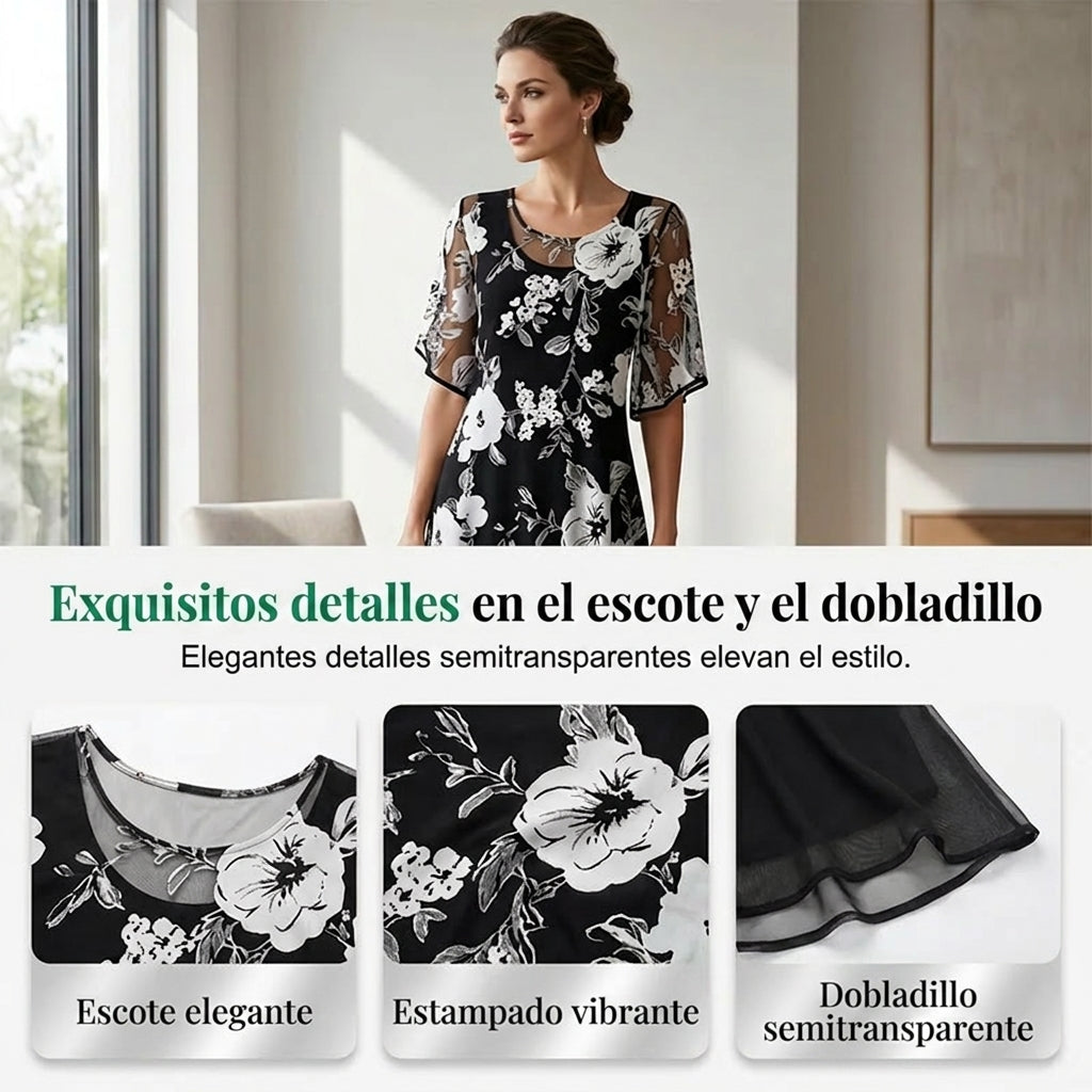 Vestido Mujer de Gasa Floral Ajuste Elegante