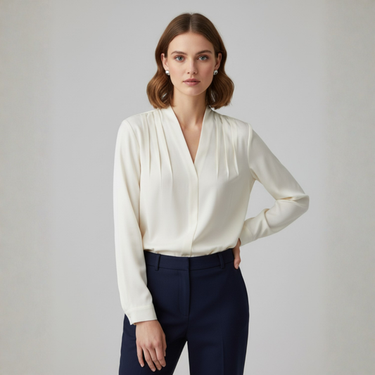 Blusa Mujer Manga Larga Escote en V con Pliegues - Mavetta