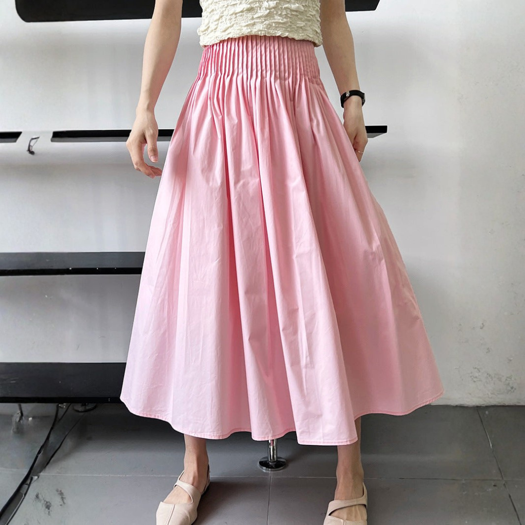 Falda Midi Mujer Cintura Elástica Fruncida Corte Amplio