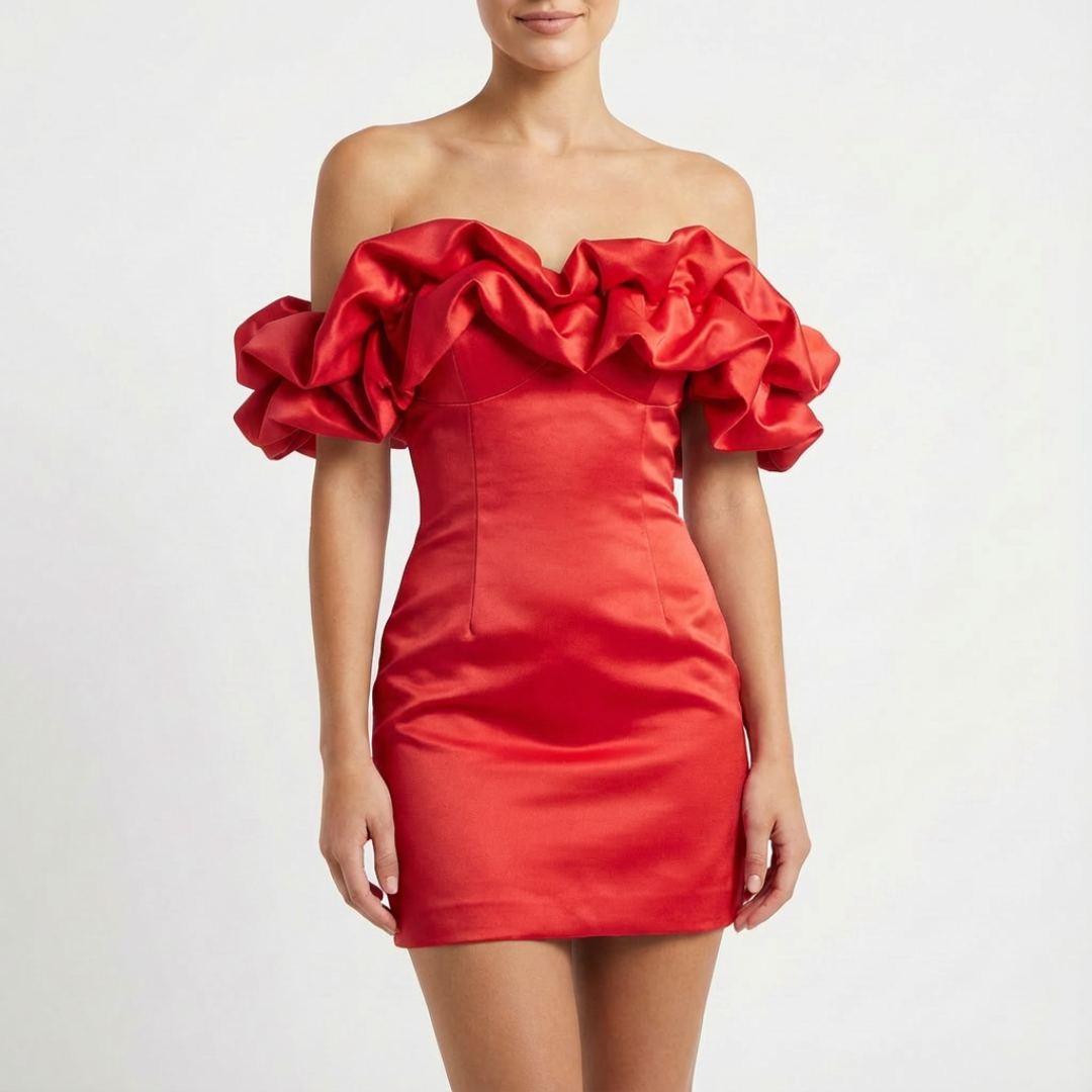 Vestido Corto Mujer de Cóctel Palabra de Honor con Volantes