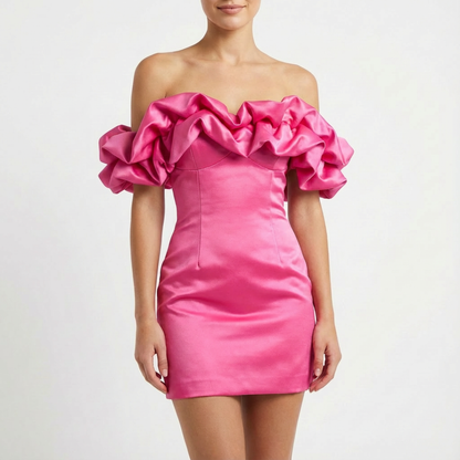 Vestido Corto Mujer de Cóctel Palabra de Honor con Volantes