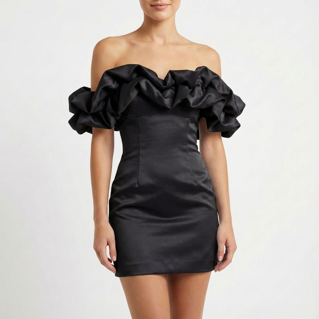 Vestido Corto Mujer de Cóctel Palabra de Honor con Volantes