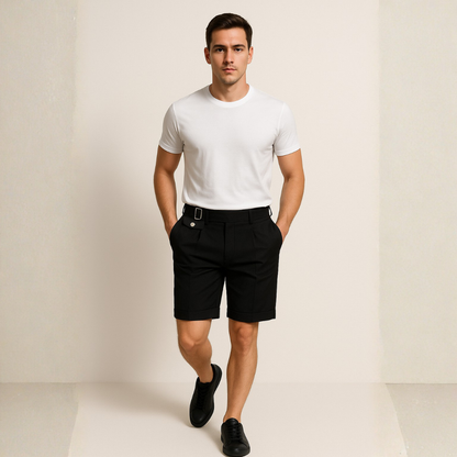 Pantalón Corto Hombre de Pinzas con Dobladillo y Hebilla