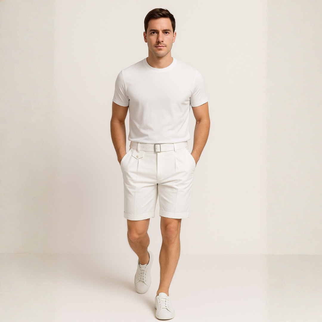Pantalón Corto Hombre de Pinzas con Dobladillo y Hebilla