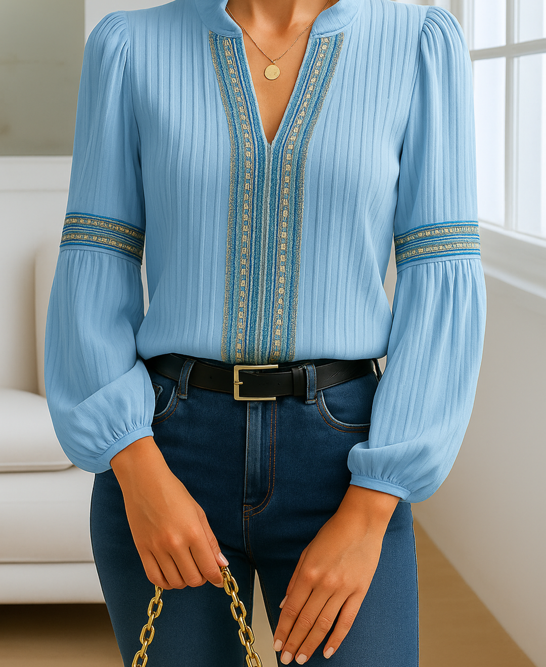 Blusa Mujer Vintage Escote en V Manga Larga