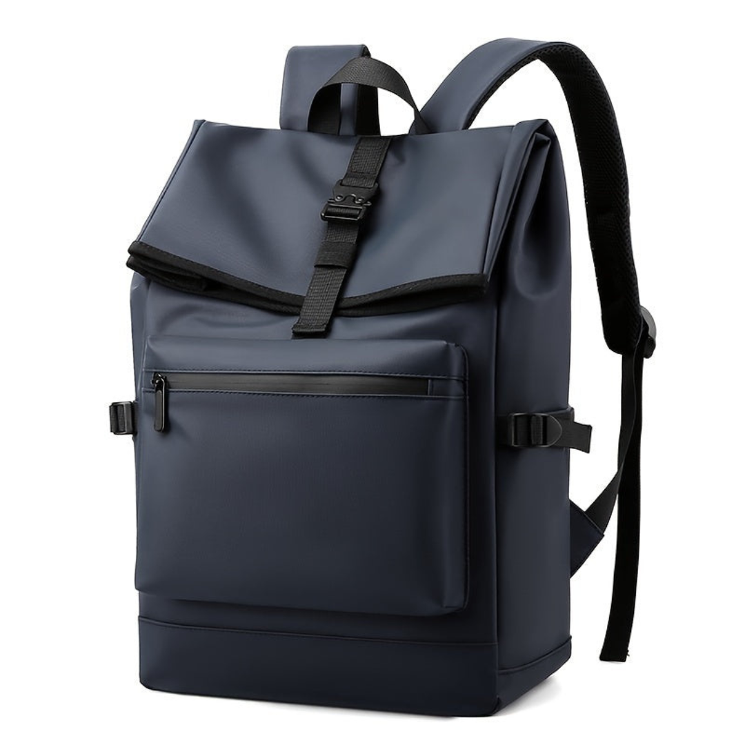 Mochila de viaje unisex con solapa correa central y bolsillo frontal
