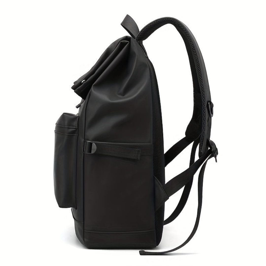 Mochila de viaje unisex con solapa correa central y bolsillo frontal