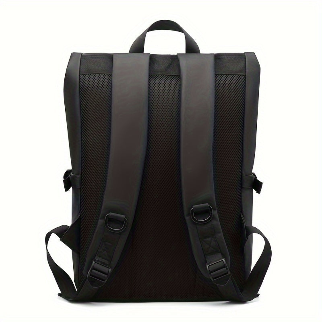 Mochila de viaje unisex con solapa correa central y bolsillo frontal
