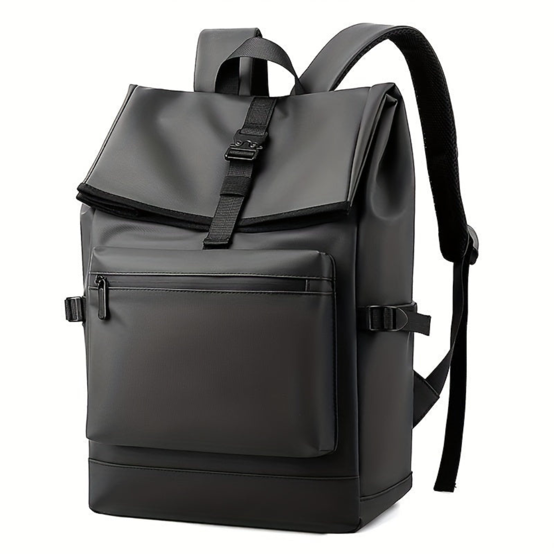 Mochila de viaje unisex con solapa correa central y bolsillo frontal
