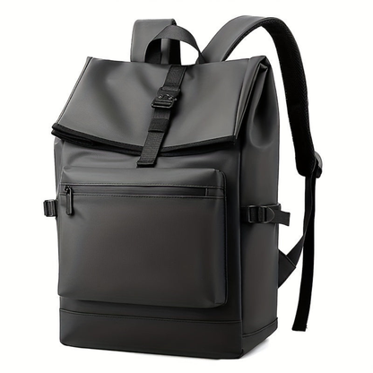Mochila de viaje unisex con solapa correa central y bolsillo frontal