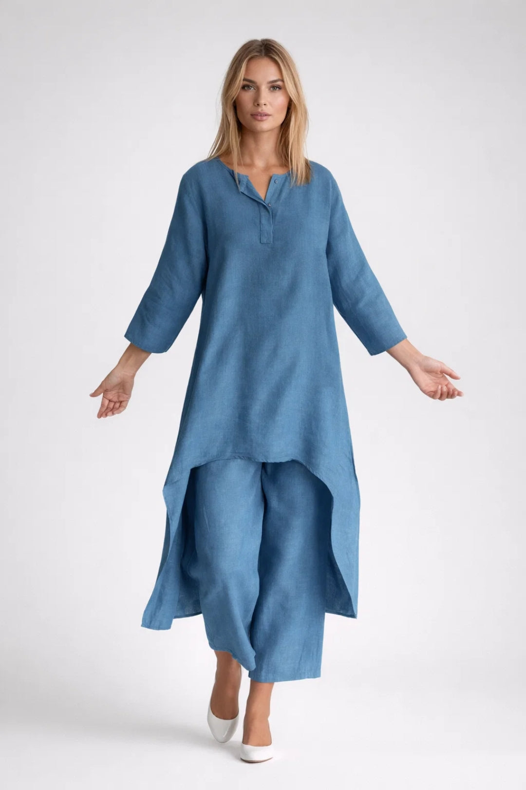 Conjunto Mujer de Algodón y Lino Túnica Bajo Irregular Pantalón Ancho - Mavetta