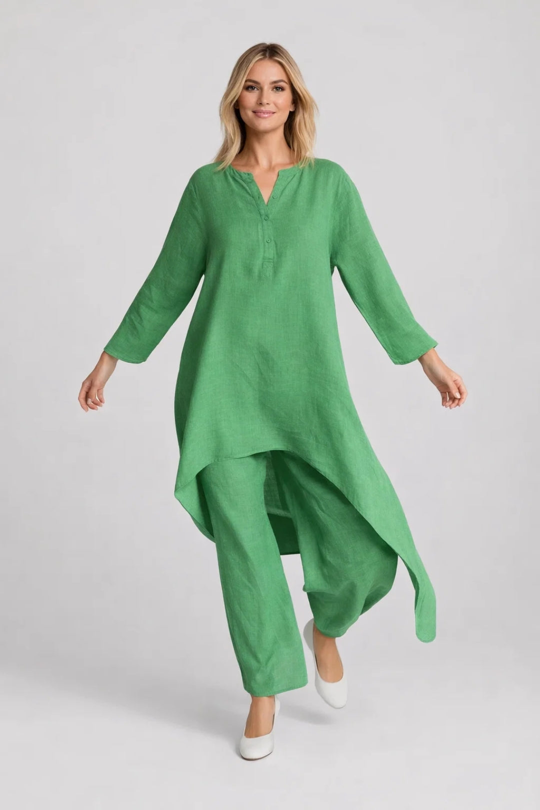 Conjunto Mujer de Algodón y Lino Túnica Bajo Irregular Pantalón Ancho
