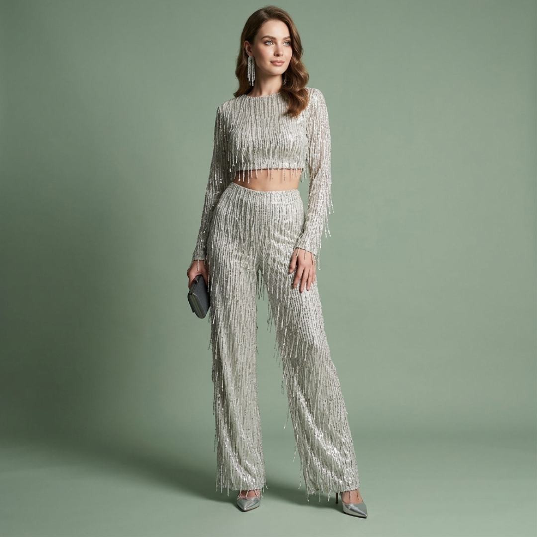 Conjunto Mujer Crop y Pantalón Palazzo de Lentejuelas - Mavetta