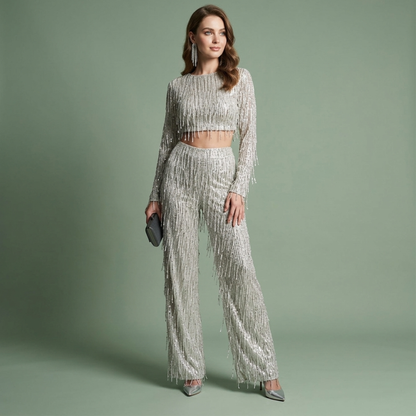 Conjunto Mujer Crop y Pantalón Palazzo de Lentejuelas - Mavetta