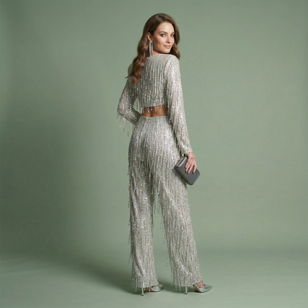 Conjunto Mujer Crop y Pantalón Palazzo de Lentejuelas