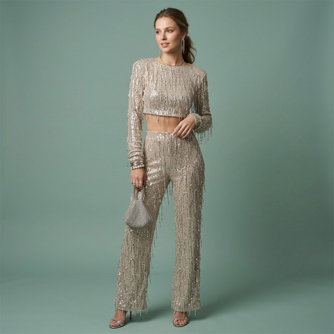 Conjunto Mujer Crop y Pantalón Palazzo de Lentejuelas