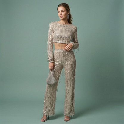 Conjunto Mujer Crop y Pantalón Palazzo de Lentejuelas