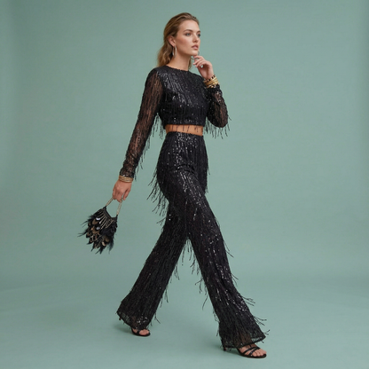 Conjunto Mujer Crop y Pantalón Palazzo de Lentejuelas