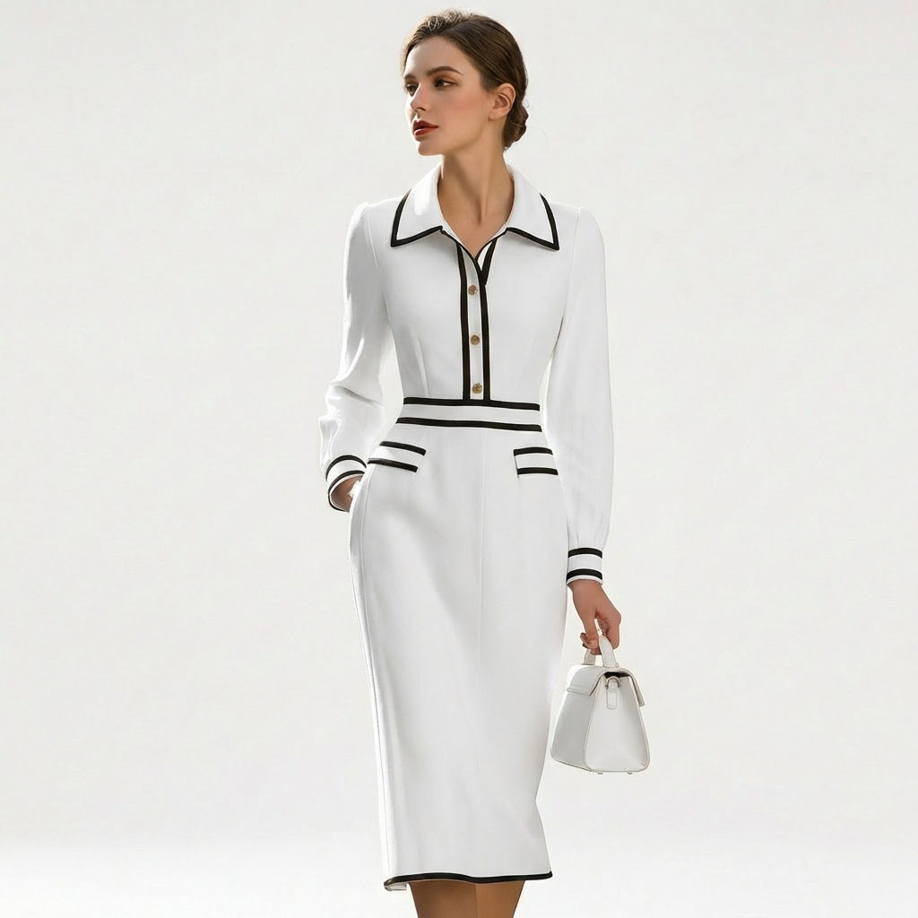 Vestido Midi Mujer Entallado Cuello Camisero - Mavetta