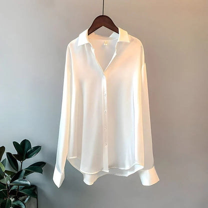 Blusa Mujer de Satén Manga Larga Cuello Solapa Botones Frontales