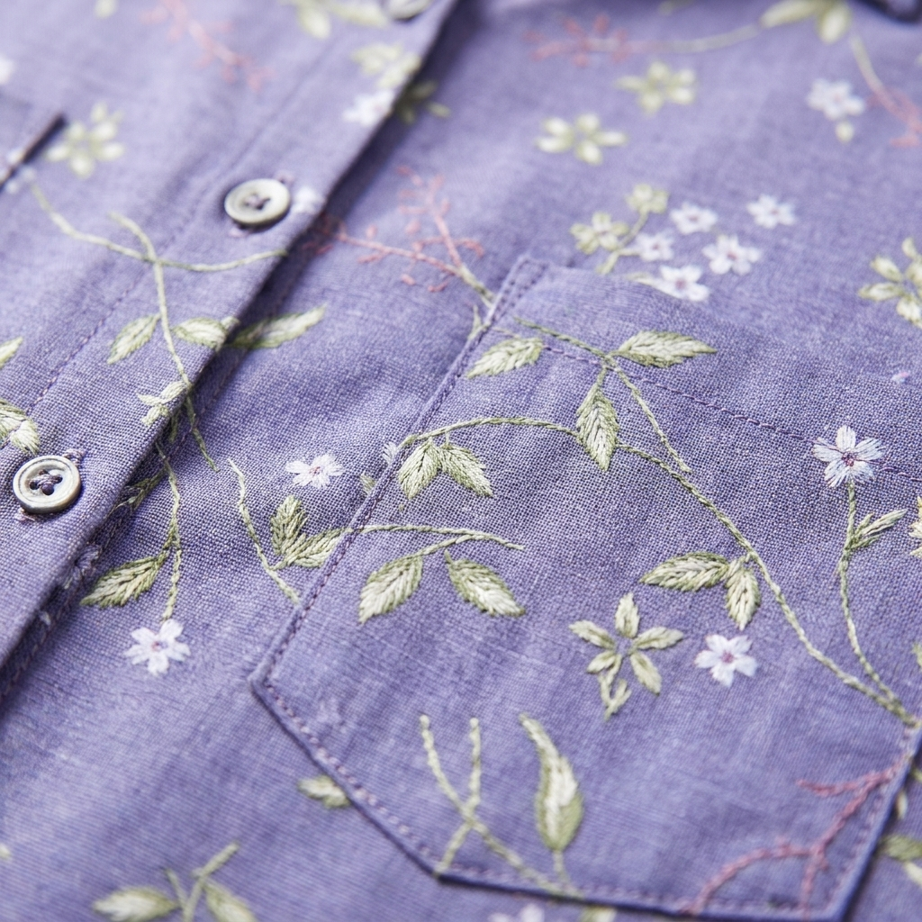 Camisa Mujer Manga Corta Estampado Botánico Doble Bolsillo