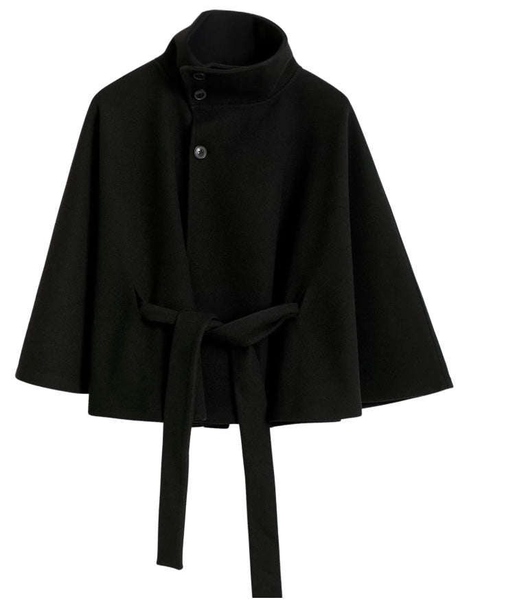 Chaqueta Mujer Capa Fluida Cuello Alto Cintura Marcada
