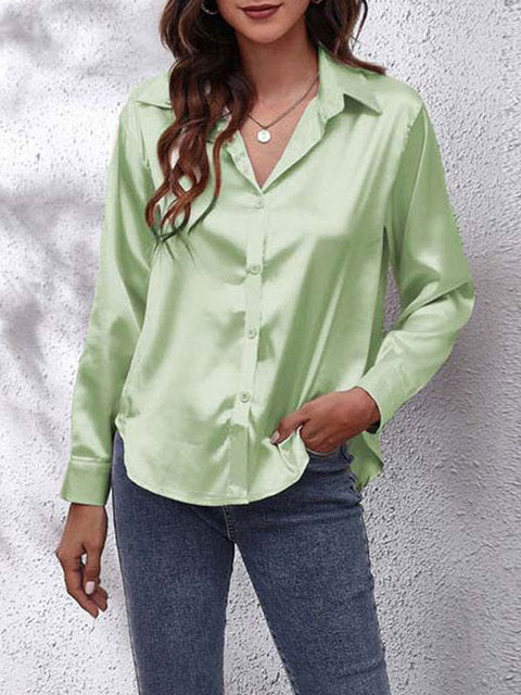 Camisa Mujer de Satén Fluida Manga Larga Botones