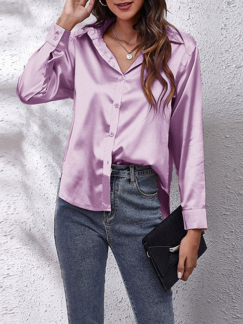 Camisa Mujer de Satén Fluida Manga Larga Botones