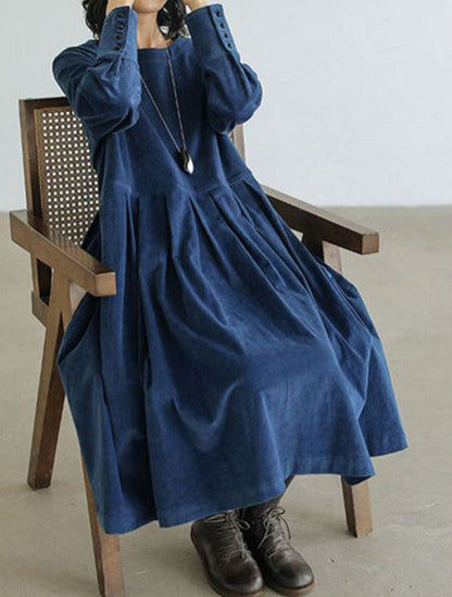 Vestido midi mujer con manga larga diseño suelto y pliegues