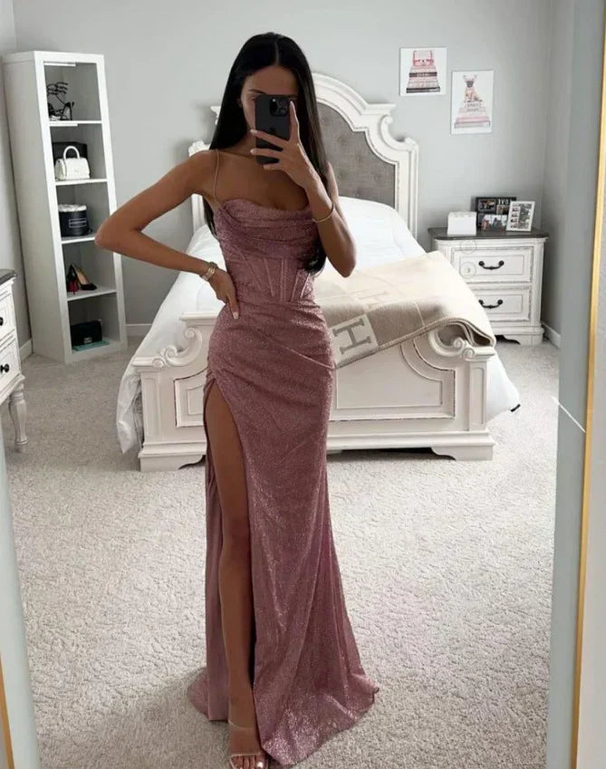 Vestido noche Mujer con abertura lateral y escote corazón