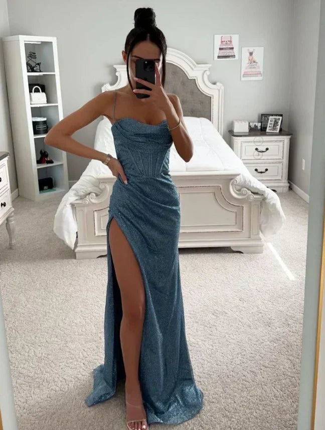 Vestido noche Mujer con abertura lateral y escote corazón