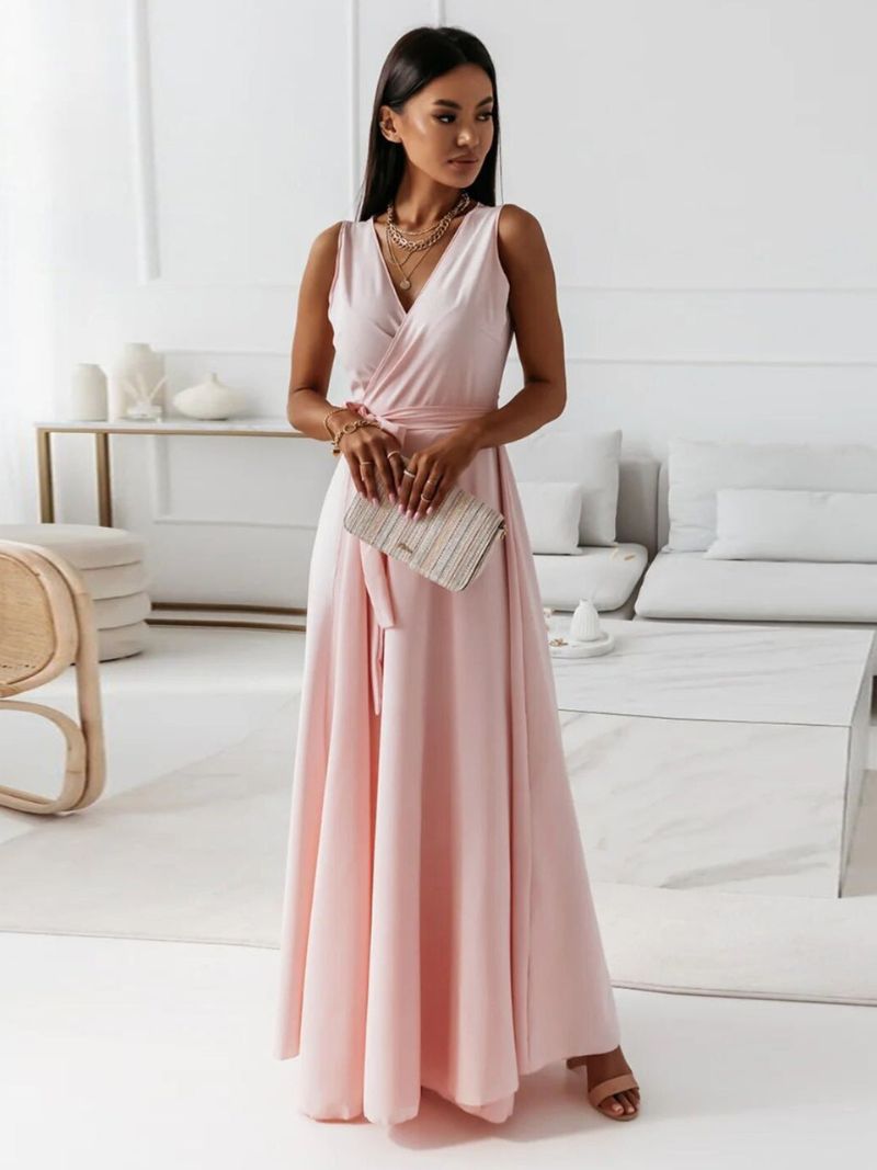 Vestido maxi mujer sin mangas escote en V falda fluida - Mavetta