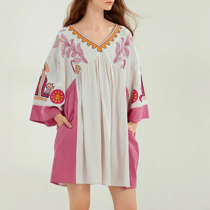 Vestido túnica mujer con bordados escote en V