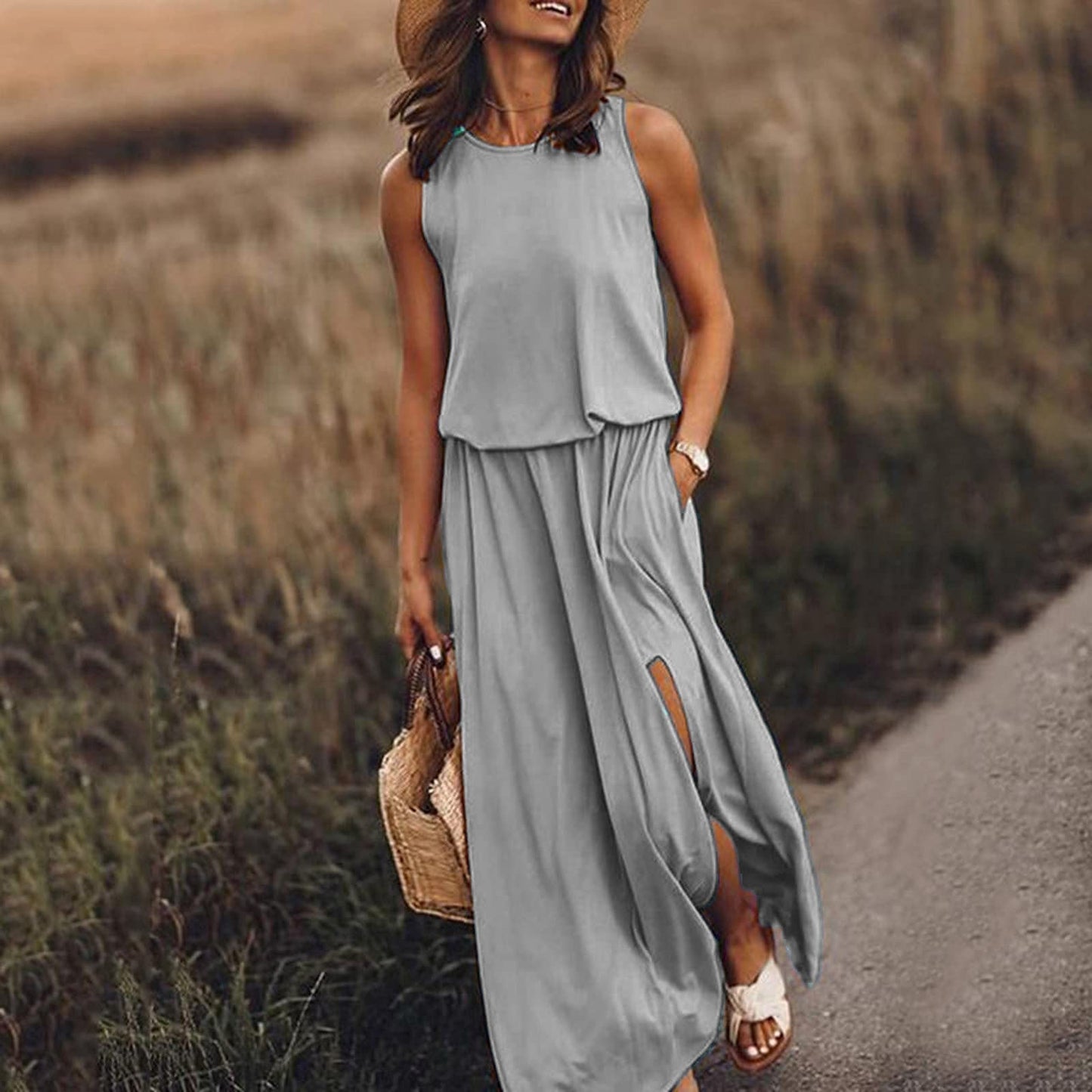 Vestido maxi mujer sin mangas abertura lateral elegante