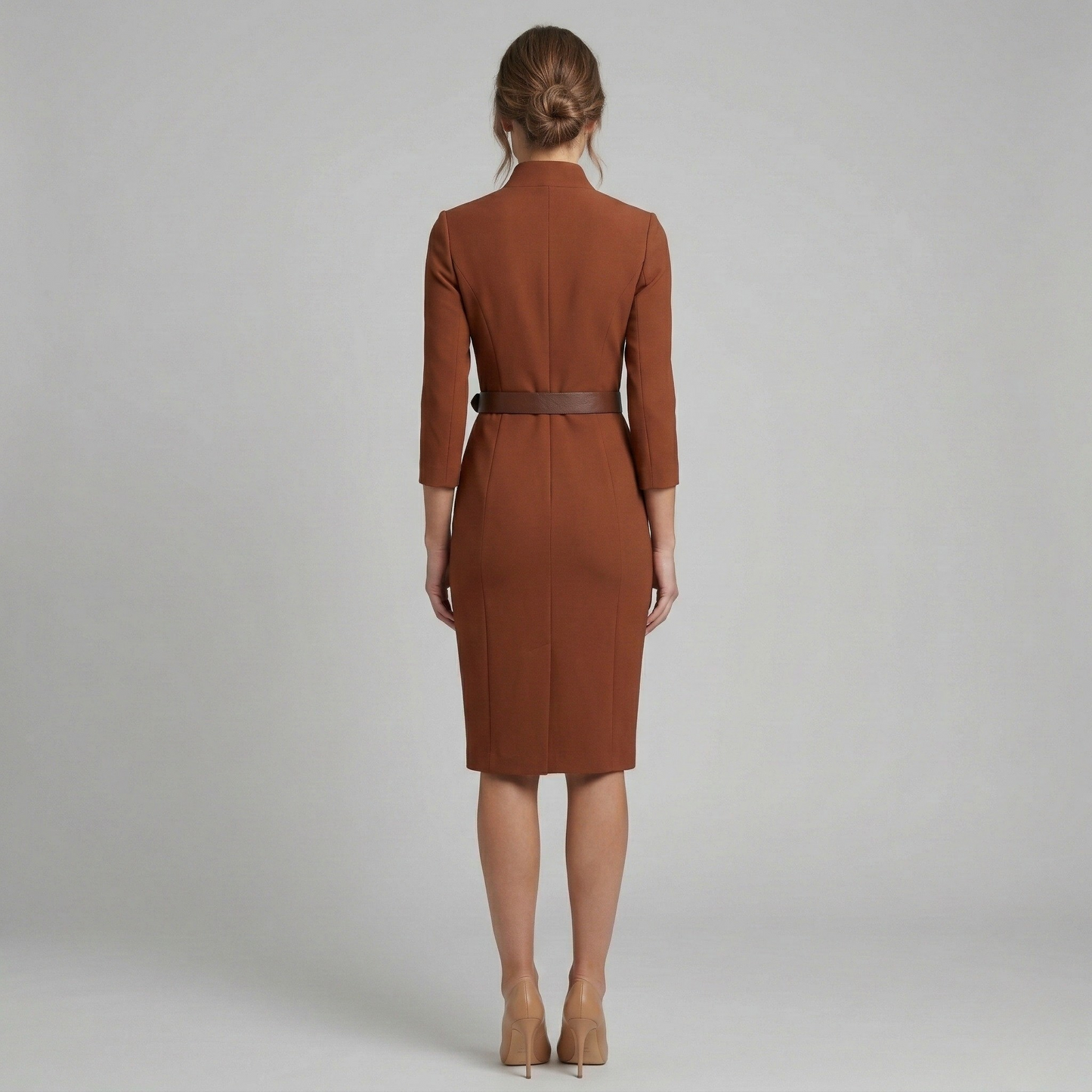Vestido Midi Mujer Corte Etui Cuello Alto Manga Larga Cinturón