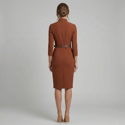 Vestido Midi Mujer Corte Etui Cuello Alto Manga Larga Cinturón