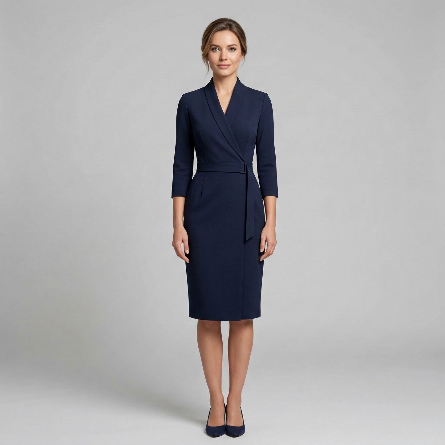 Vestido Midi Mujer Corte Etui Cuello Alto Manga Larga Cinturón