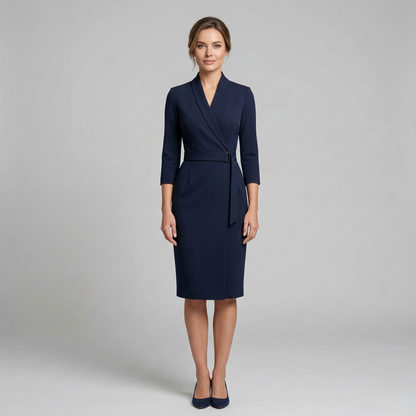 Vestido Midi Mujer Corte Etui Cuello Alto Manga Larga Cinturón