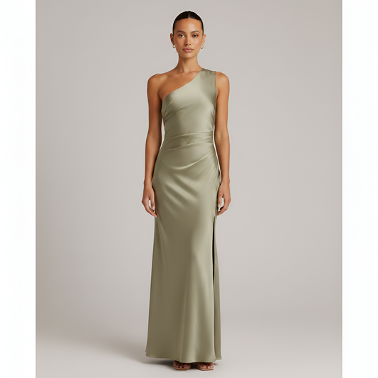 Vestido Largo Mujer Satinado Drapeado Abertura Lateral - Mavetta