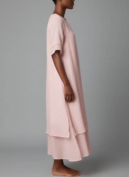 Vestido Largo Mujer Mezcla Algodón Manga Corta Dobladillo Irregular