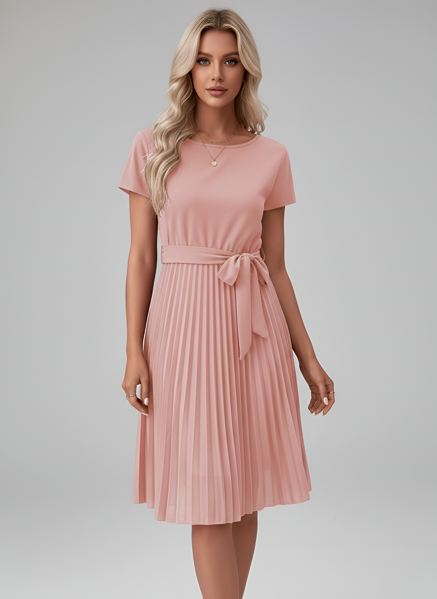 Vestido midi mujer de gasa con cinturón falda plisada manga corta