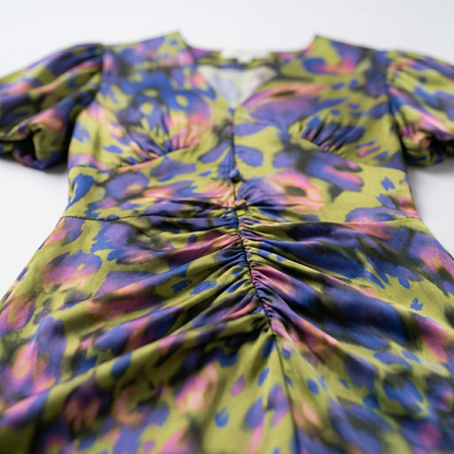 Vestido Midi Mujer Estampado Escote en V Manga Abullonada Drapeado