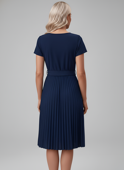 Vestido midi mujer de gasa con cinturón falda plisada manga corta