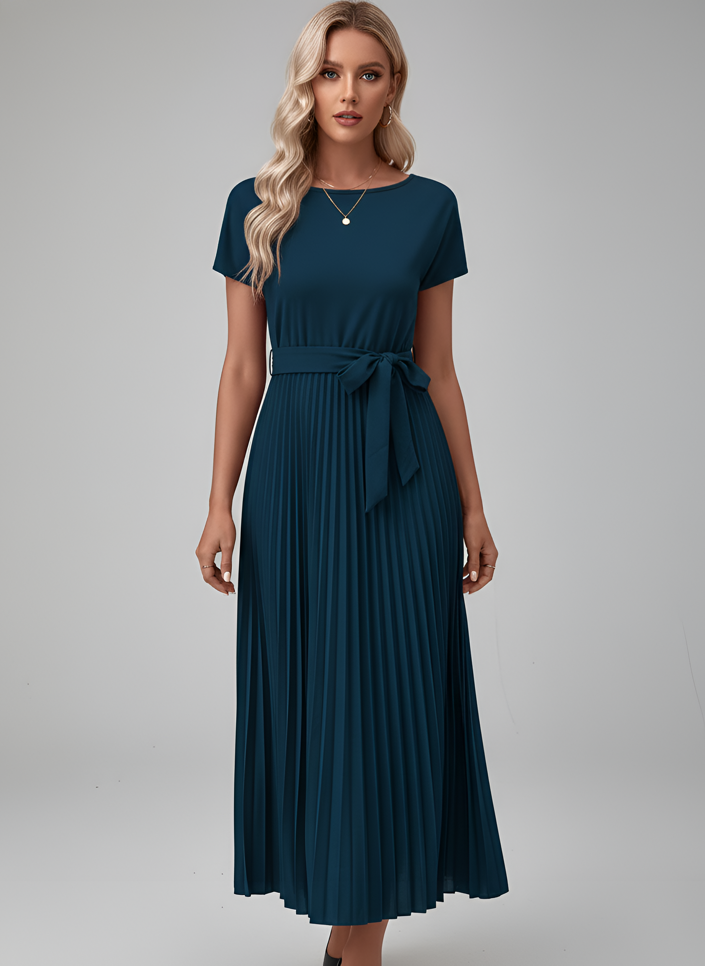 Vestido midi mujer de gasa con cinturón falda plisada manga corta