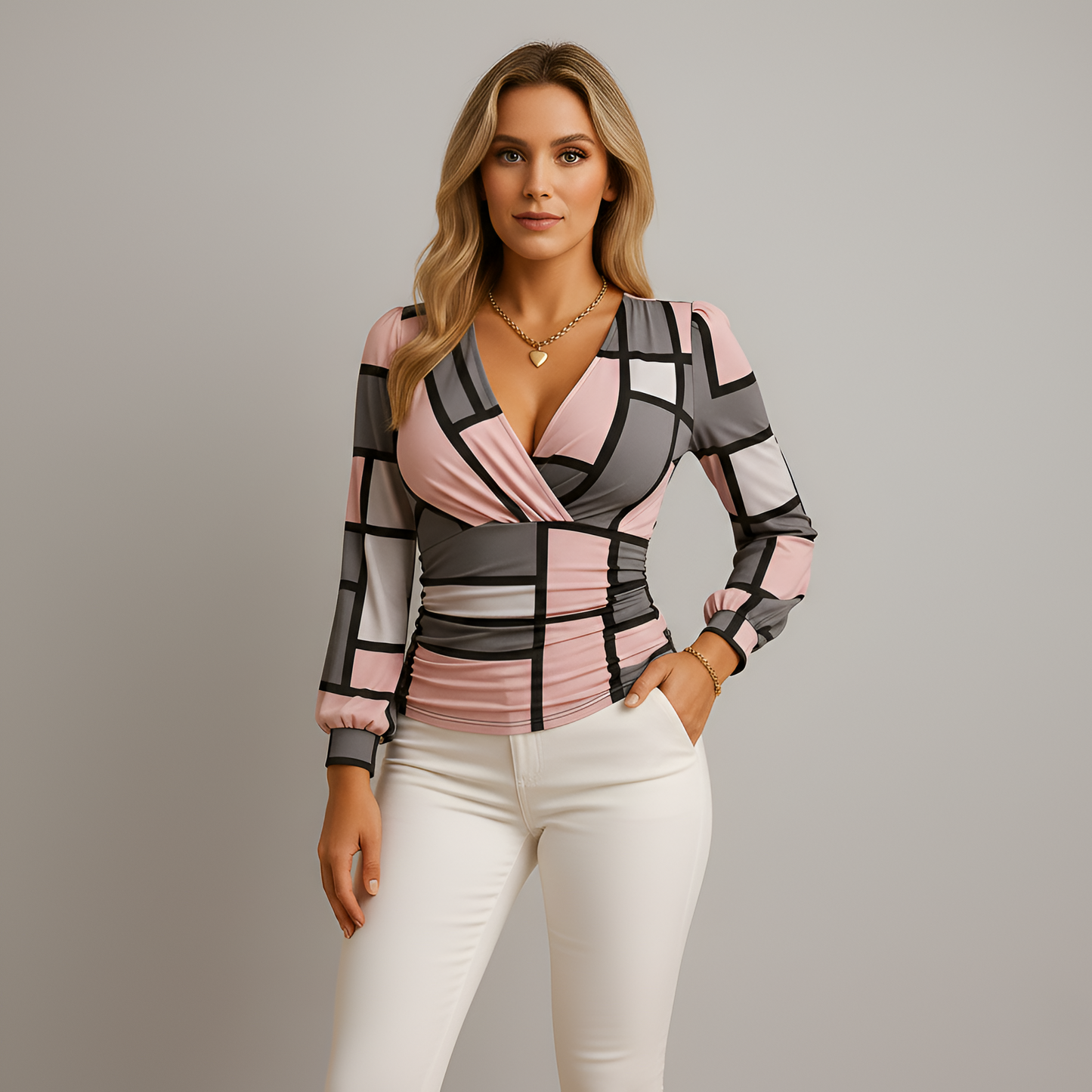 Blusa Mujer Escote en V Cruzado Manga Larga Ajuste Entallado