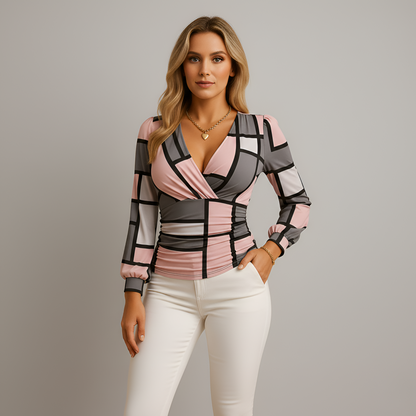 Blusa Mujer Escote en V Cruzado Manga Larga Ajuste Entallado